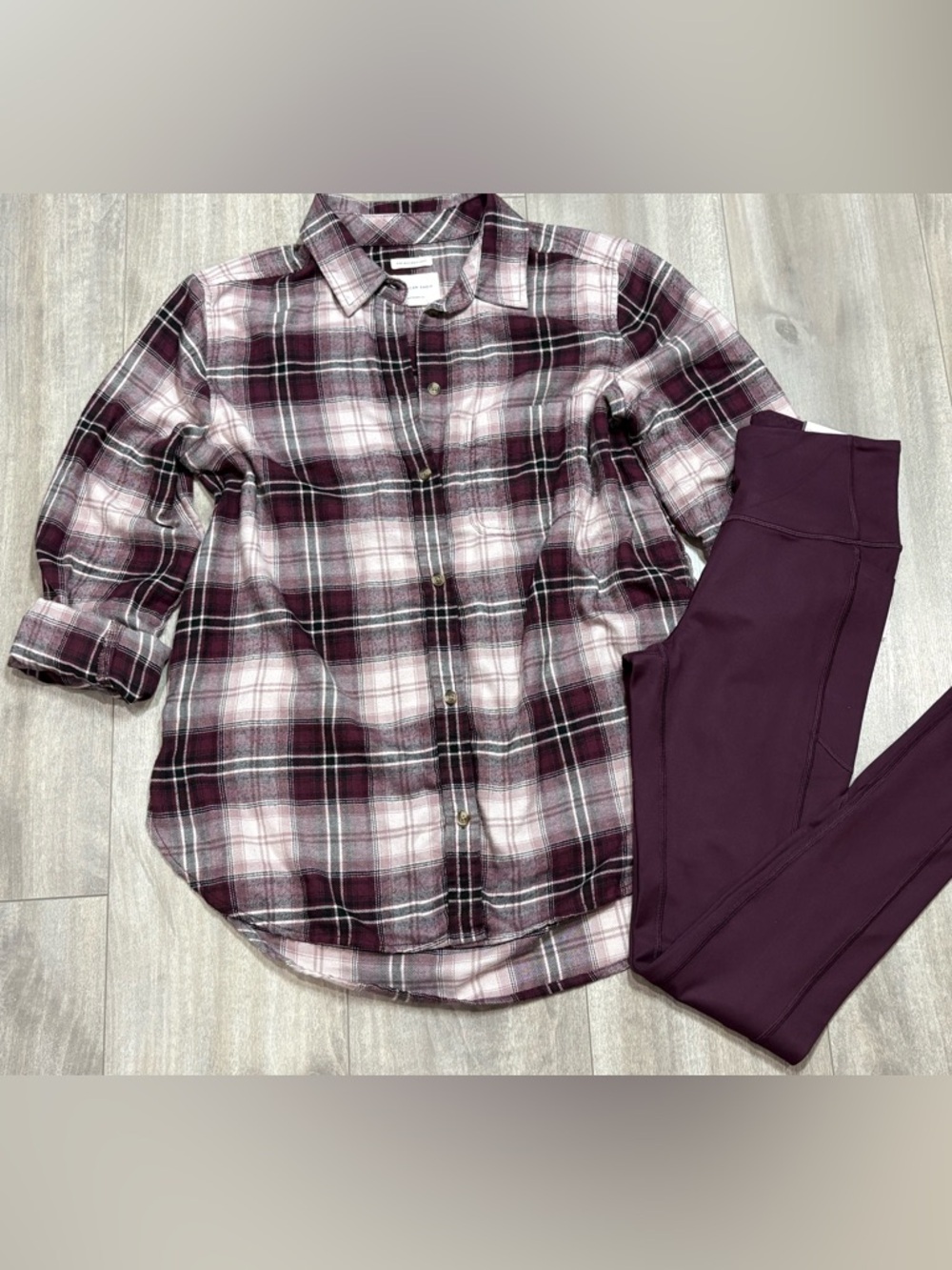 American Eagle Outfitters Women’s Burgundy and Black Plaid Boyfriend Shirt